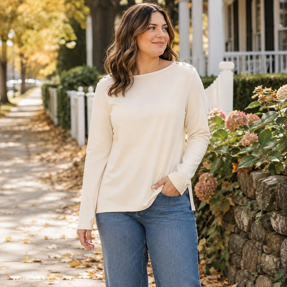 Spartina 449 Long Sleeve Top Boat Neck Shoulder Buttons Ivory Cotton Women's M